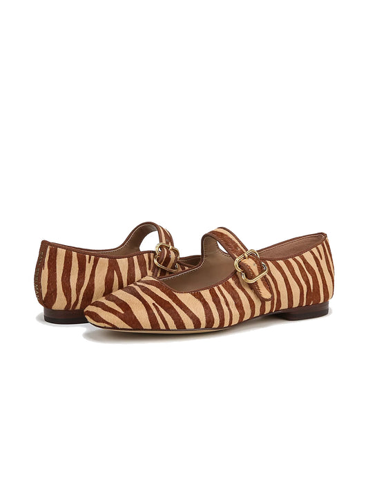 Zebra Faux Pony Hair Square-Toe Bridge Strap Mary Jane Flats