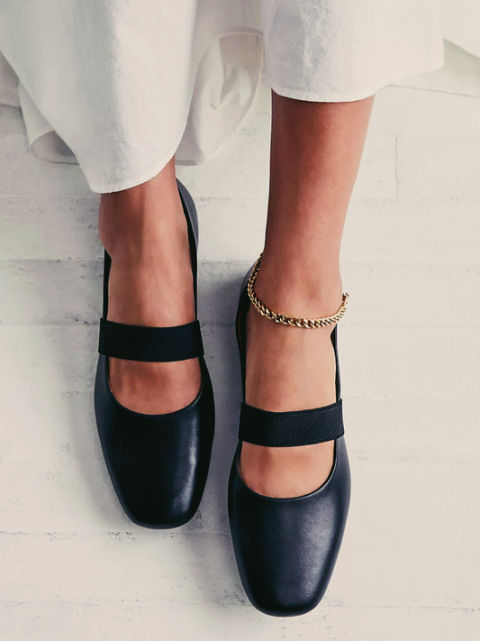 Black Square-Toe Flats Mary Janes With Wide Elastic Band