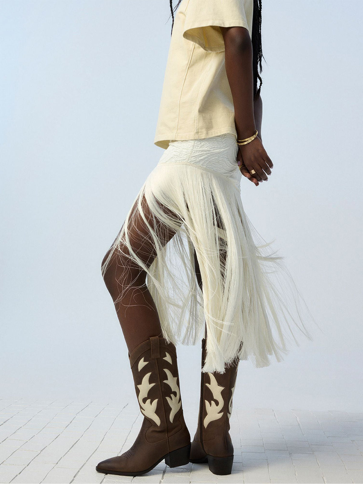 Brown Pointed-Toe Padded Inlay Full-Zip Mid Calf Cowgirl Boots