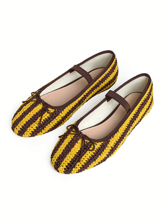 Contrast Yellow And Brown Rope Weaving Round-Toe Front Bow Mary Jane Ballet Flats