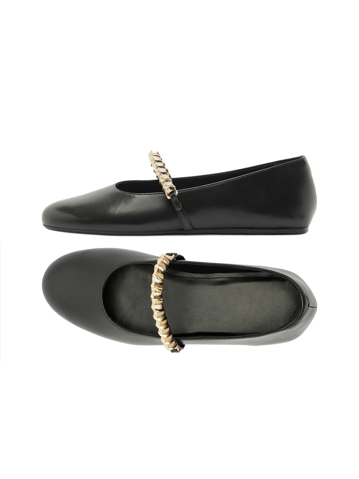 Black Round-Toe Metal Bridge Strap Chic Flats
