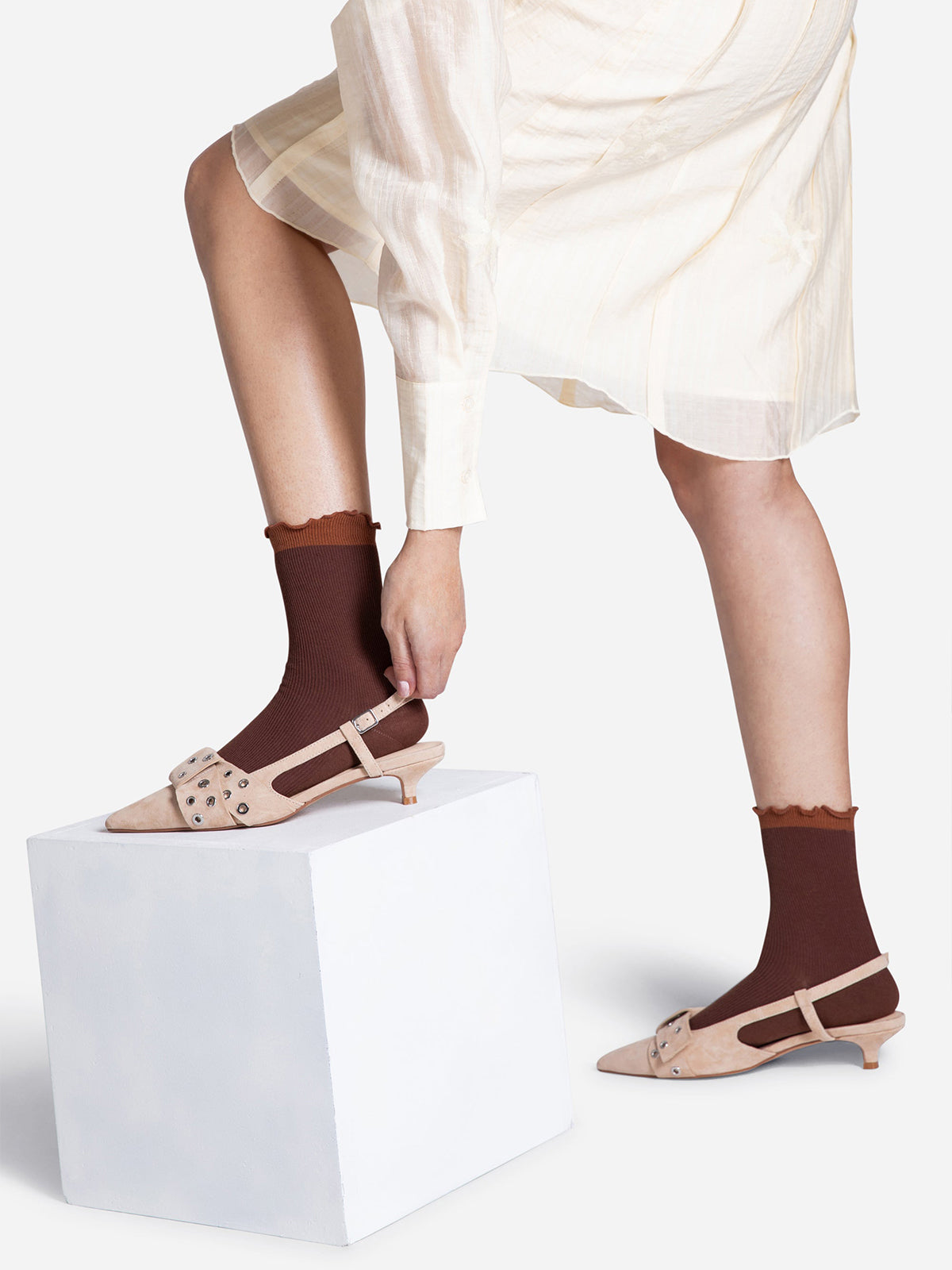 Beige Faux Suede Pointed-Toe Front Eyelets Back Strap Kitten Heels