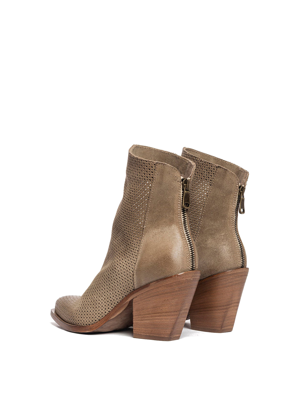 Dove Gray Faux Suede Snip-Toe Perforated Back Full-Zip Ankle Cowgirl Boots