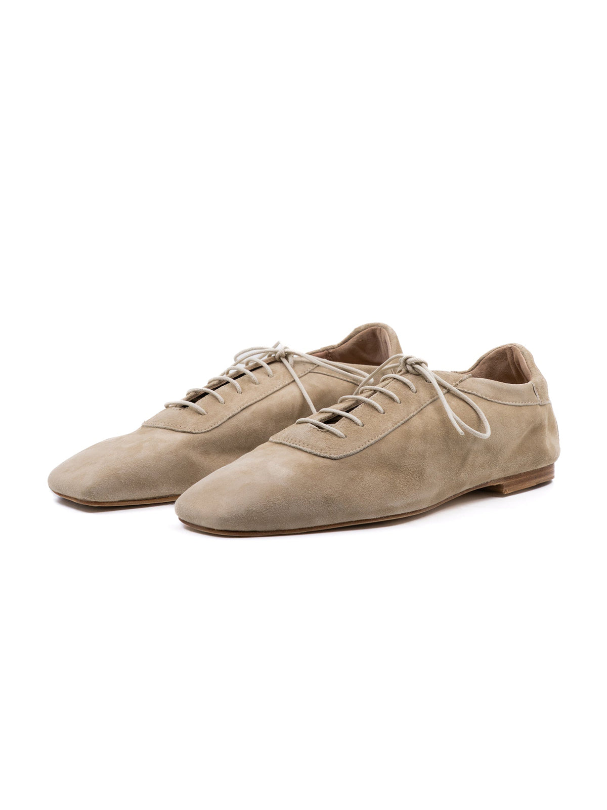 Beige Faux Suede Square-Toe Lace-Up Chic Flats