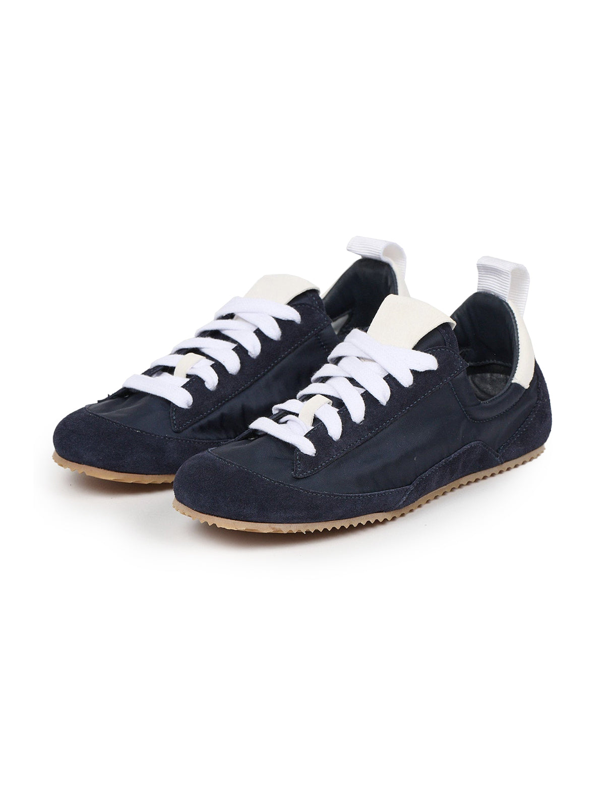 Cow Suede And Satin Round-Toe Lace-Up Chic Sneakers - Navy