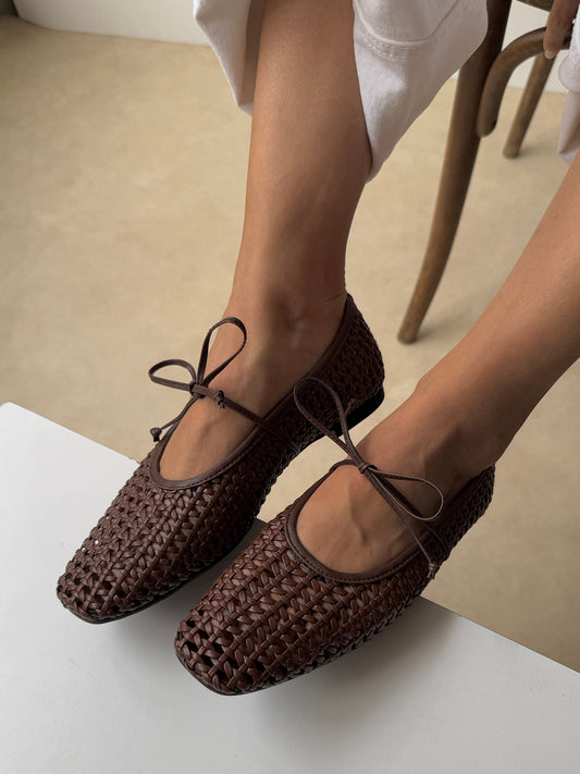 Coffee Woven Vegan Leather Square-Toe Mary Jane Stylish Ballet Flats