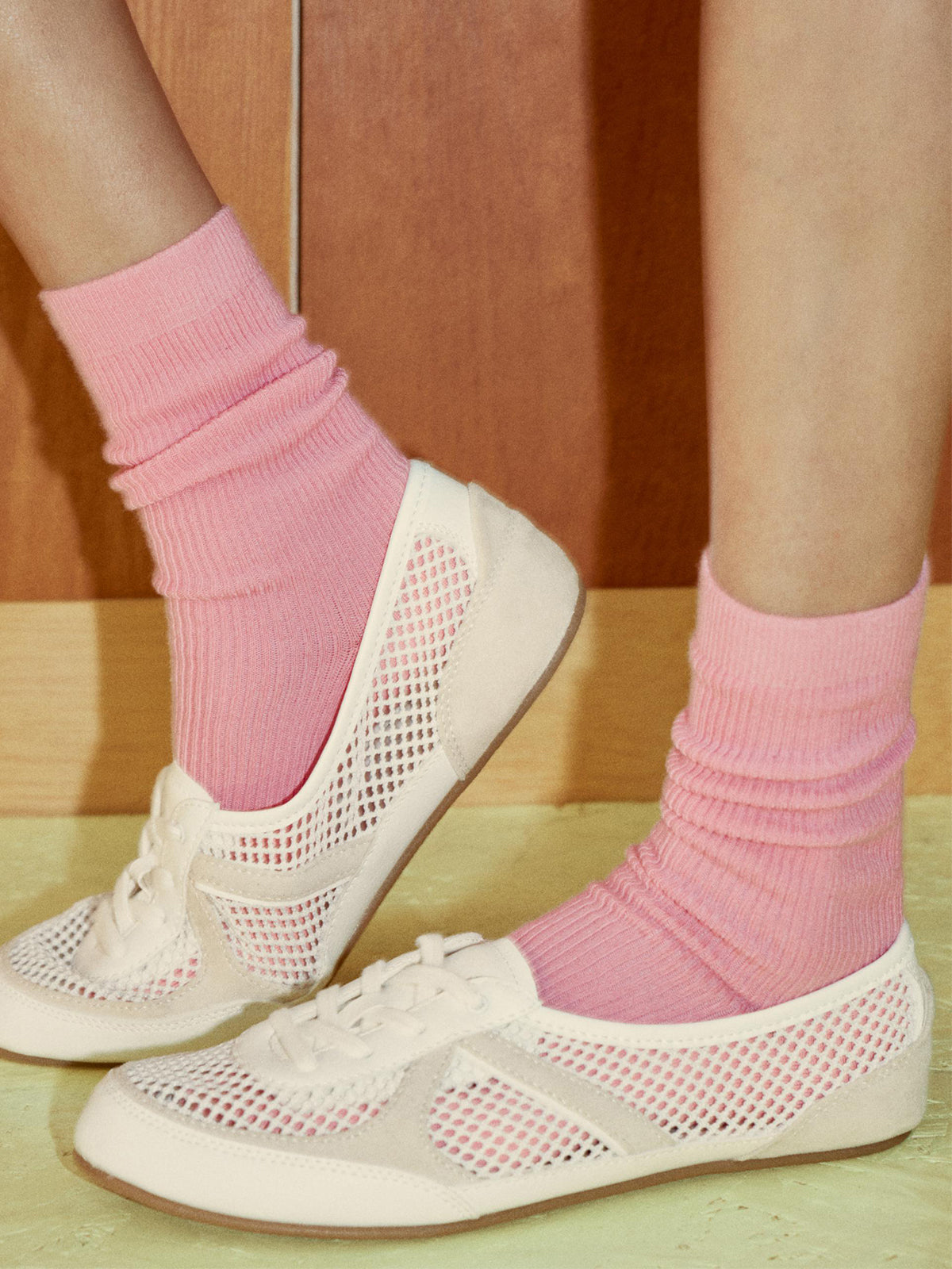 White Faux Suede And Mesh Round-Toe Lace-Up Flats Sneakers