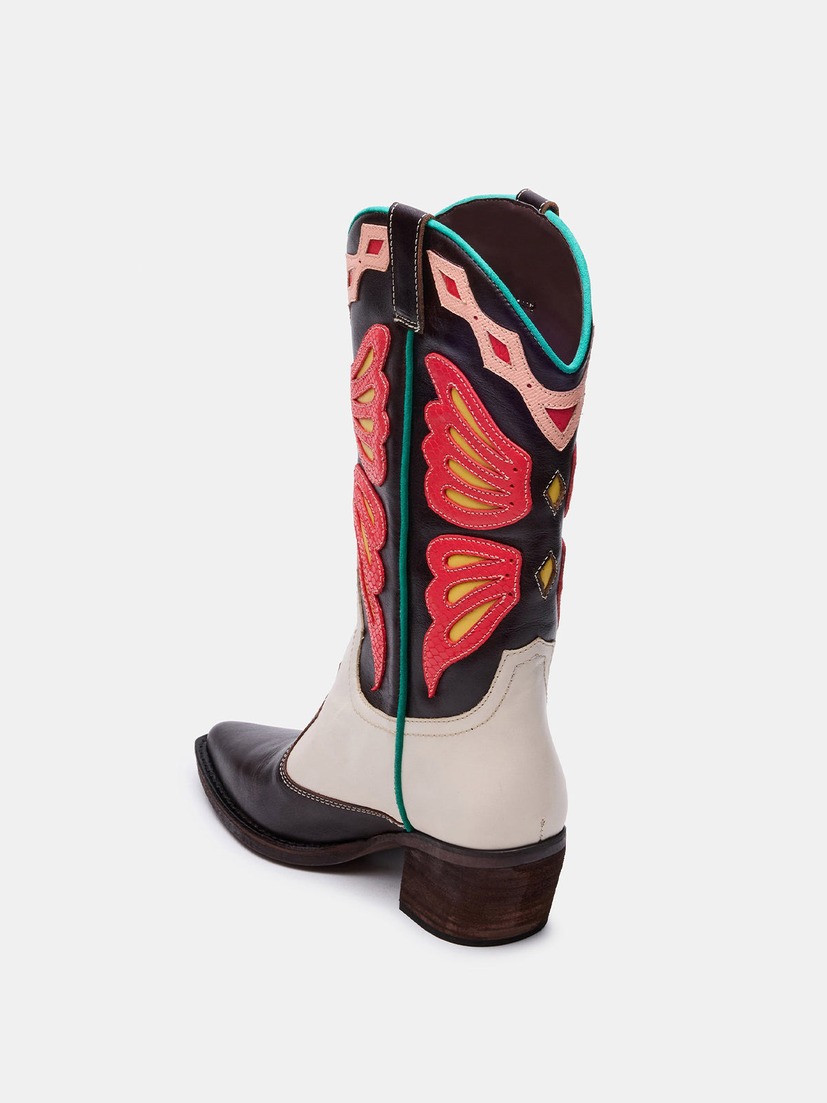 Contrast Tri-Color Crocodile Print Pointed-Toe Butterfly Inlay Mid Calf Cowgirl Boots