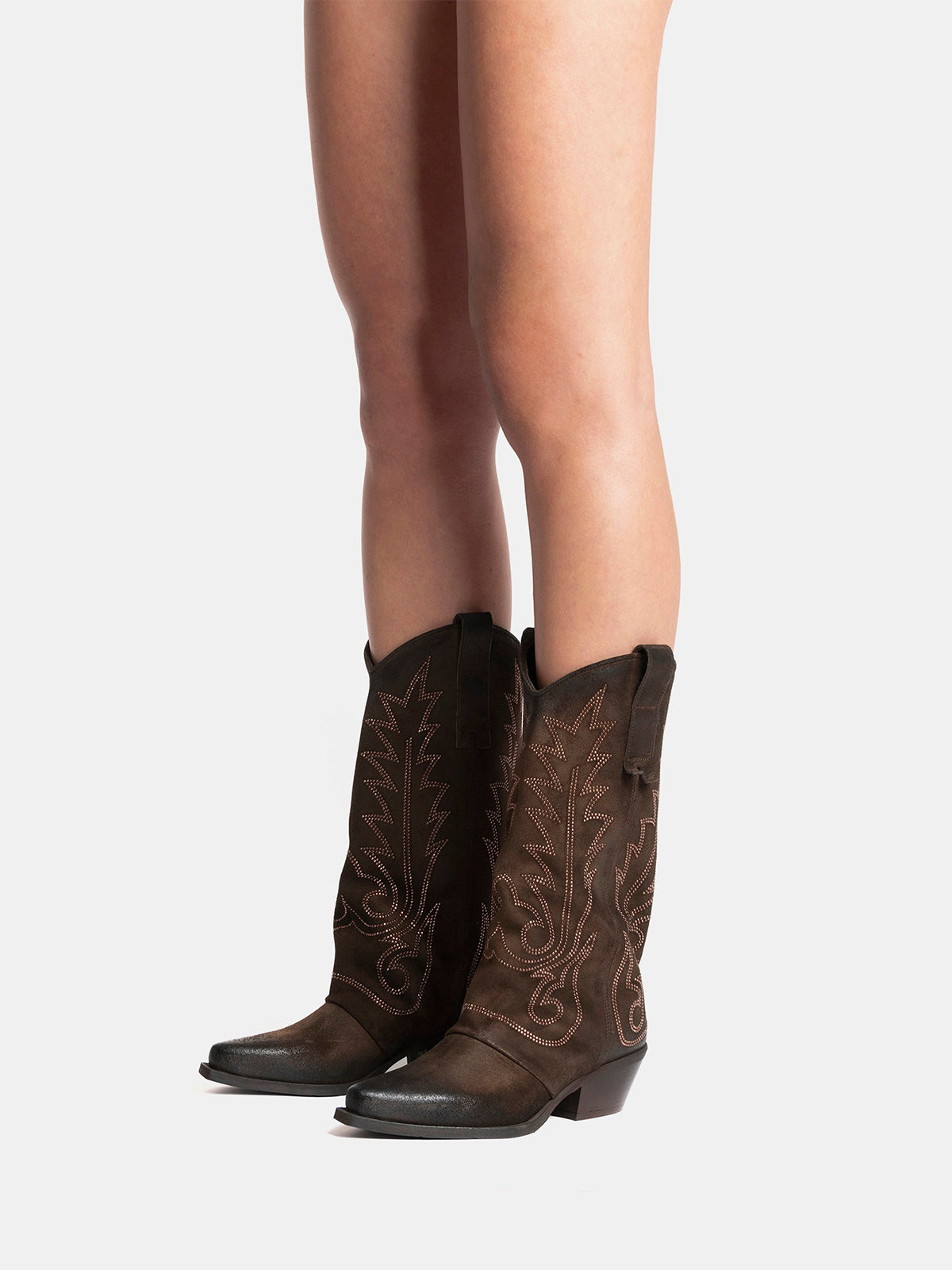 Brown Snip-Toe Faux Suede Embroidery Classic Mid Calf Cowgirl Boots