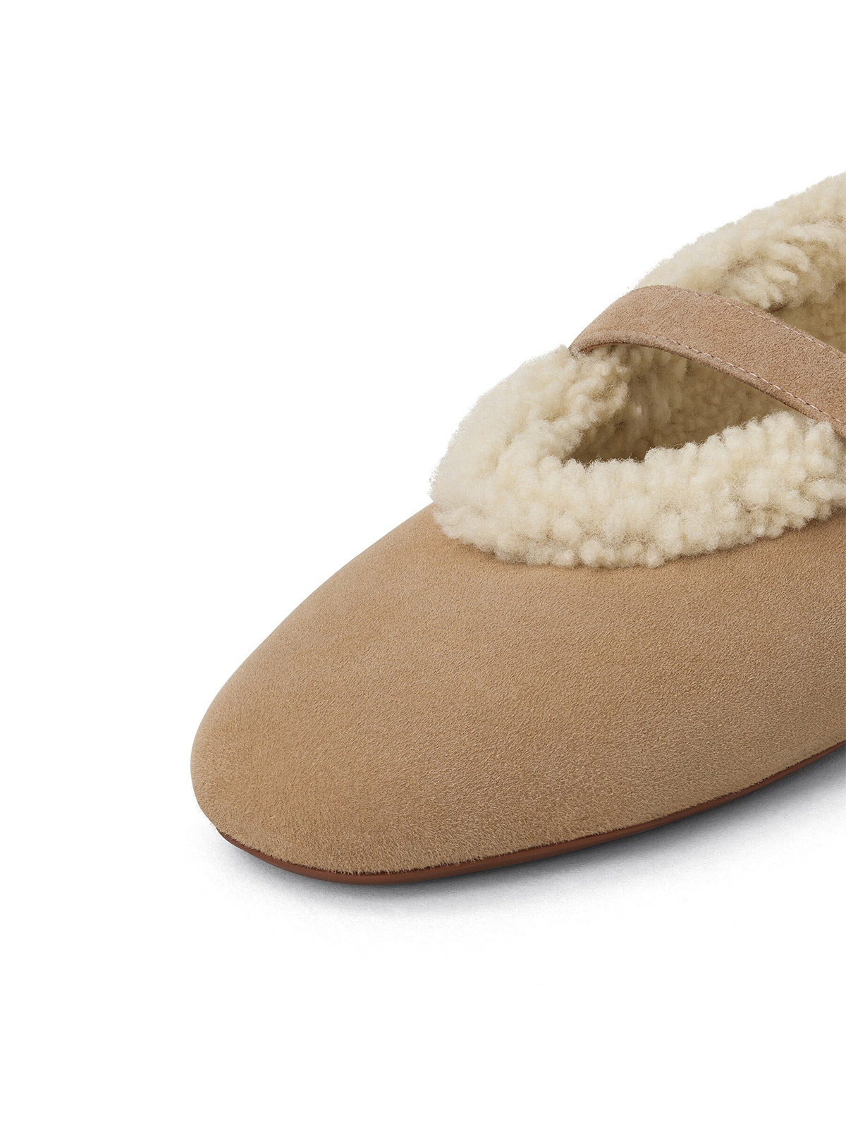Light Brown Faux Suede Round-Toe Mary Jane Ballet Flats With Plush