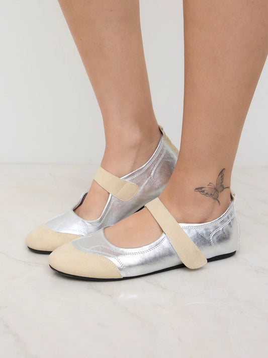 Beige And Silver Round-Toe Chic Mary Jane Classic Flats