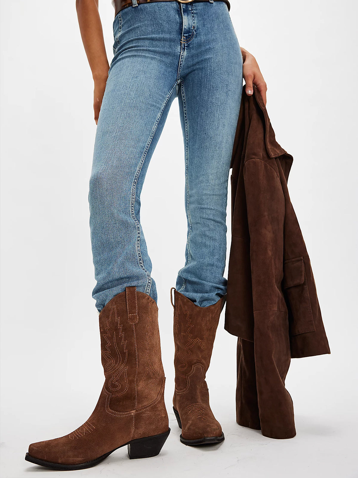 Brown Faux Suede Snip-Toe Classic Stitch Mid Calf Cowgirl Boots