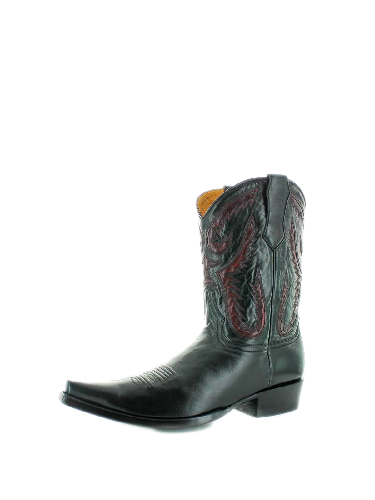 Black Snip-Toe Embroidery Inlay Mid Calf Cowgirl Boots