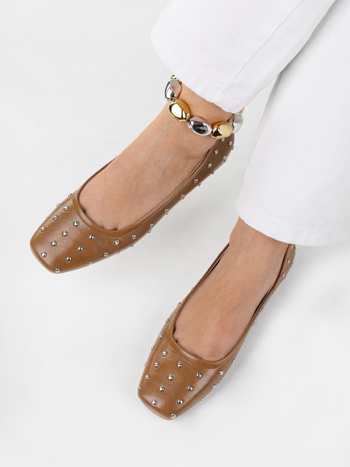 Caramel Square-Toe Tiny Studs Slip-On Flats