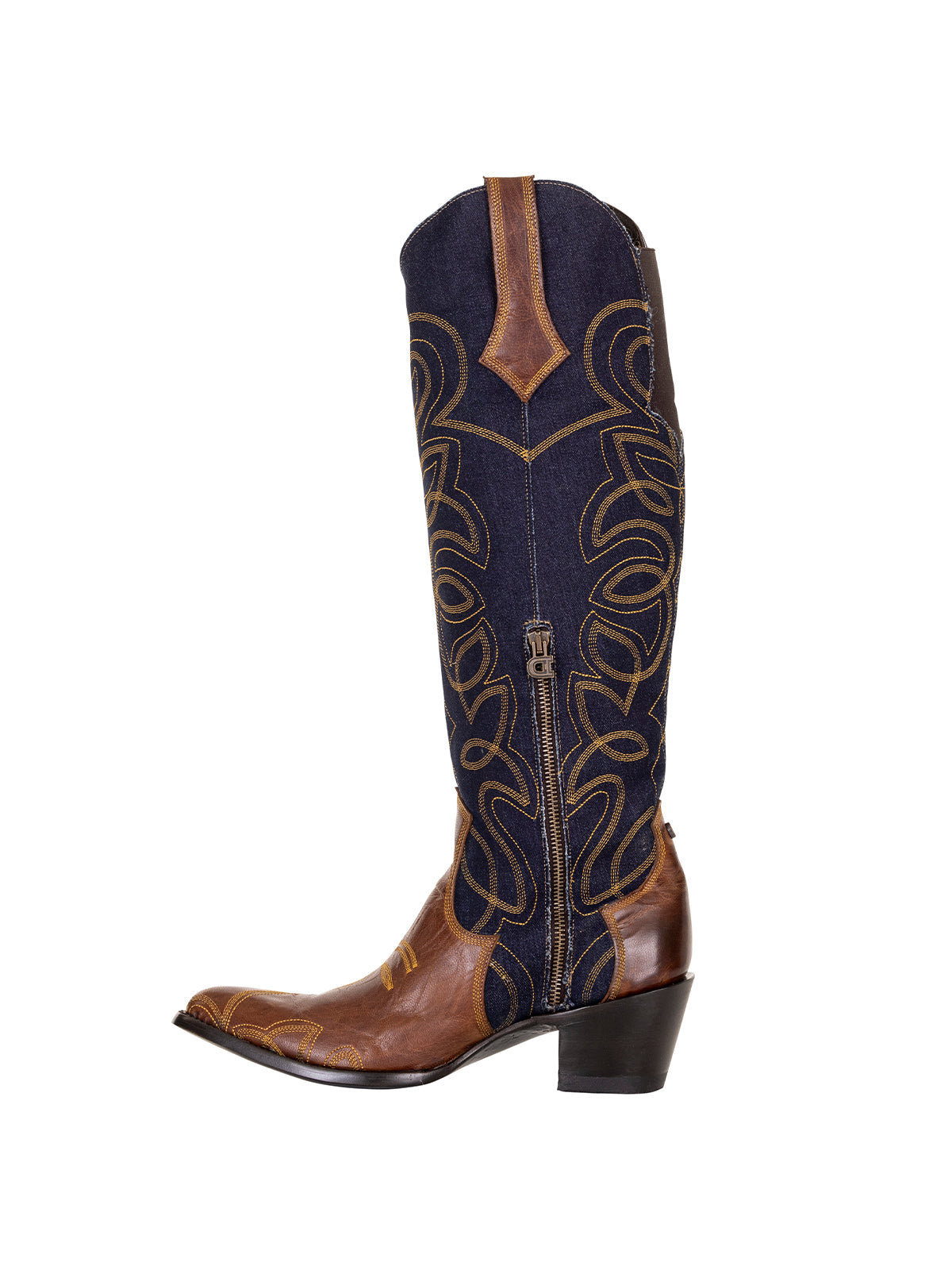Contrast Blue Denim And Vegan Leather Almond-Toe Embroidery Half-Zip Knee High Cowgirl Boots
