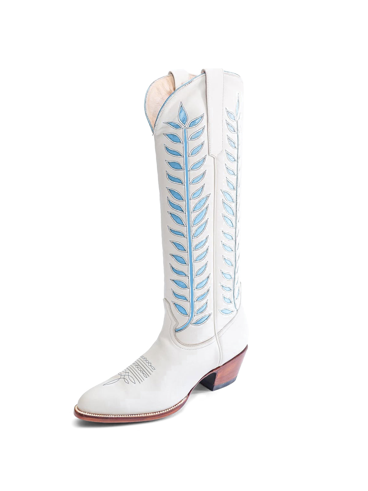 Almond-Toe Light Blue Leaves Inlay Wide Calf Tall Knee High Cowgirl Boots - White