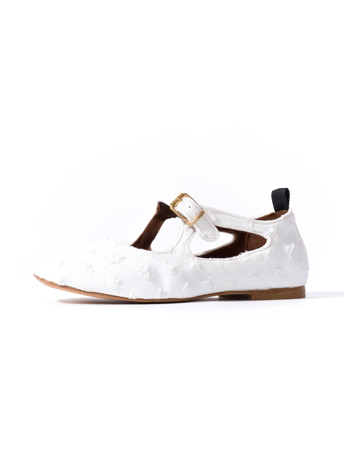 Square-Toe Buckle Strap Chic Flats - White Denim