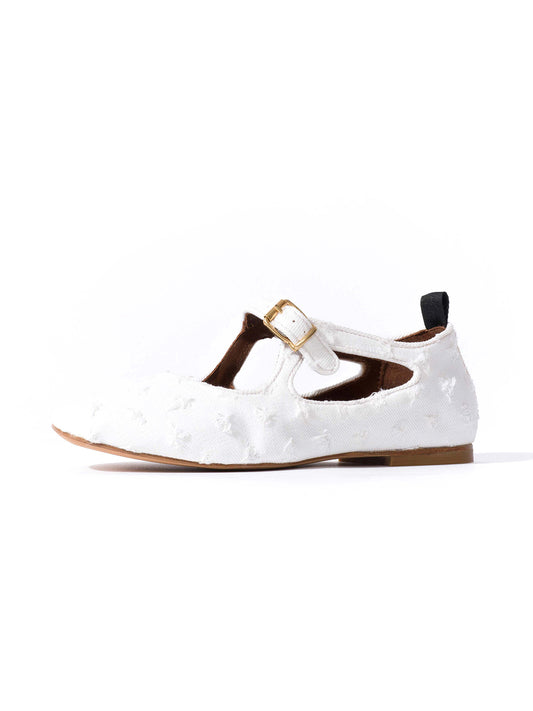 Square-Toe Buckle Strap Chic Flats - White Denim
