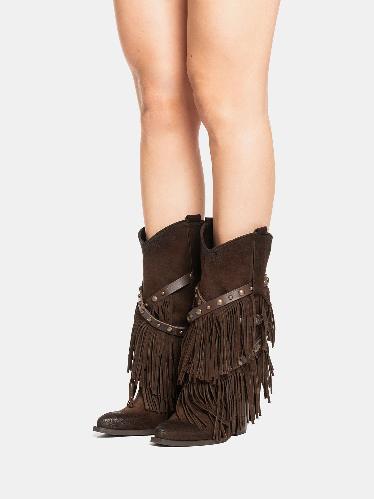 Dark Brown Faux Suede Snip-Toe Studded Straps Fringe Mid Calf Cowgirl Boots