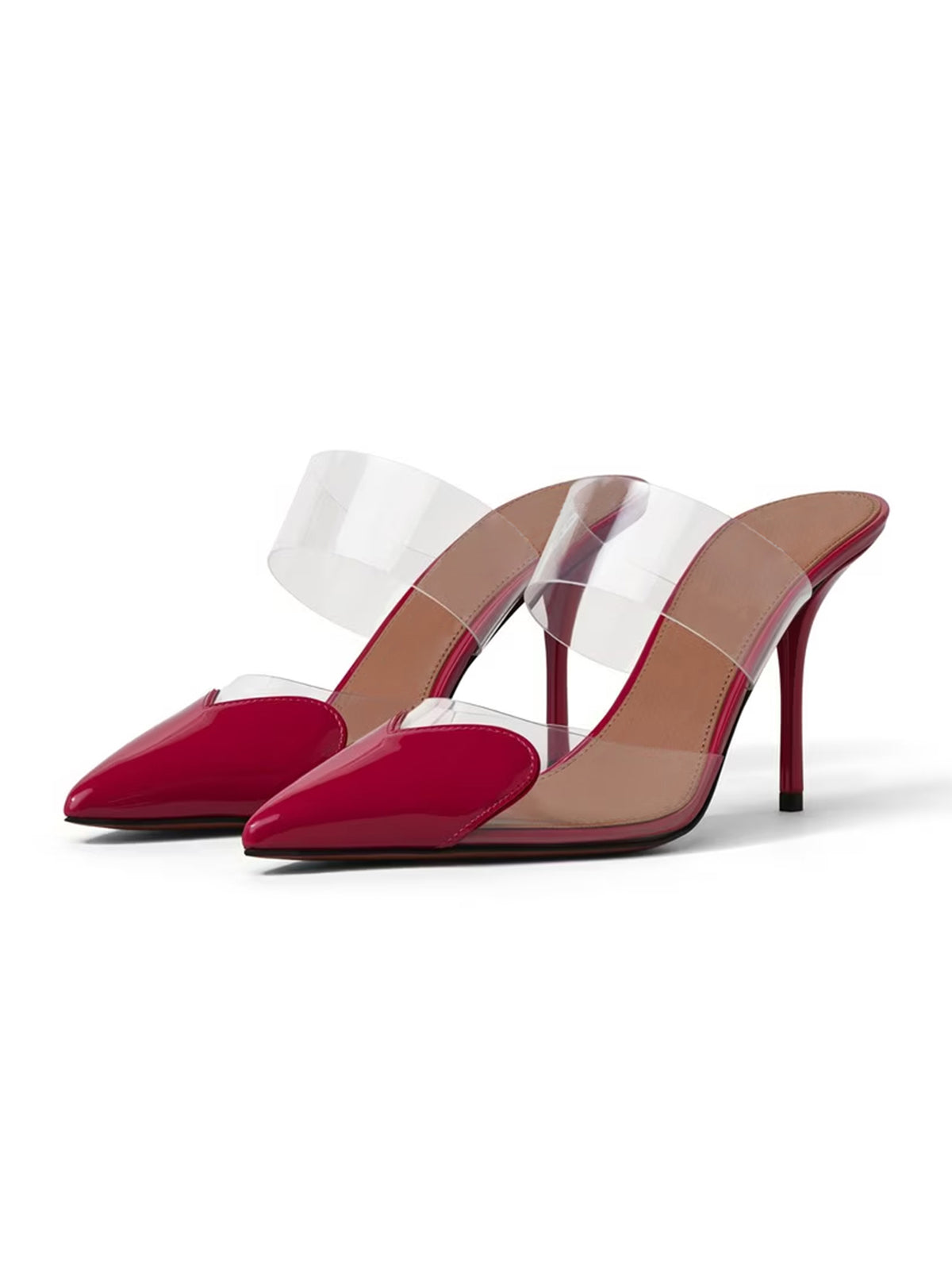 Patent Cherry Red And TPU Transparent Film Pointed-Toe Slip-On High Heels