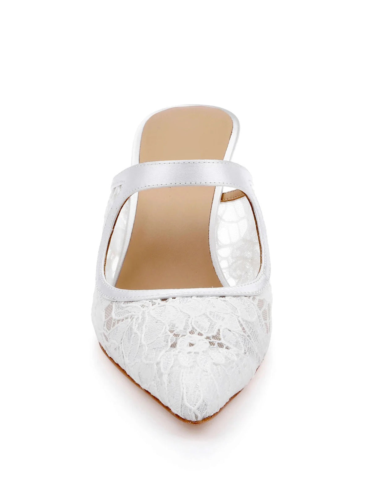 White Lace Mesh And Satin Pointed-Toe Mary Jane Slip-On High Heels