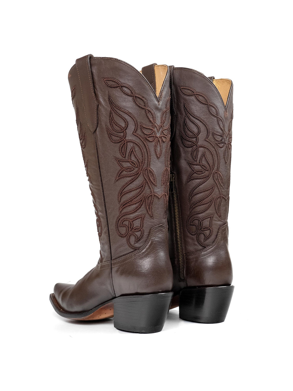 Snip-Toe Sleek Embroidery Half-Zip Knee High Cowgirl Boots For Woman - Brown