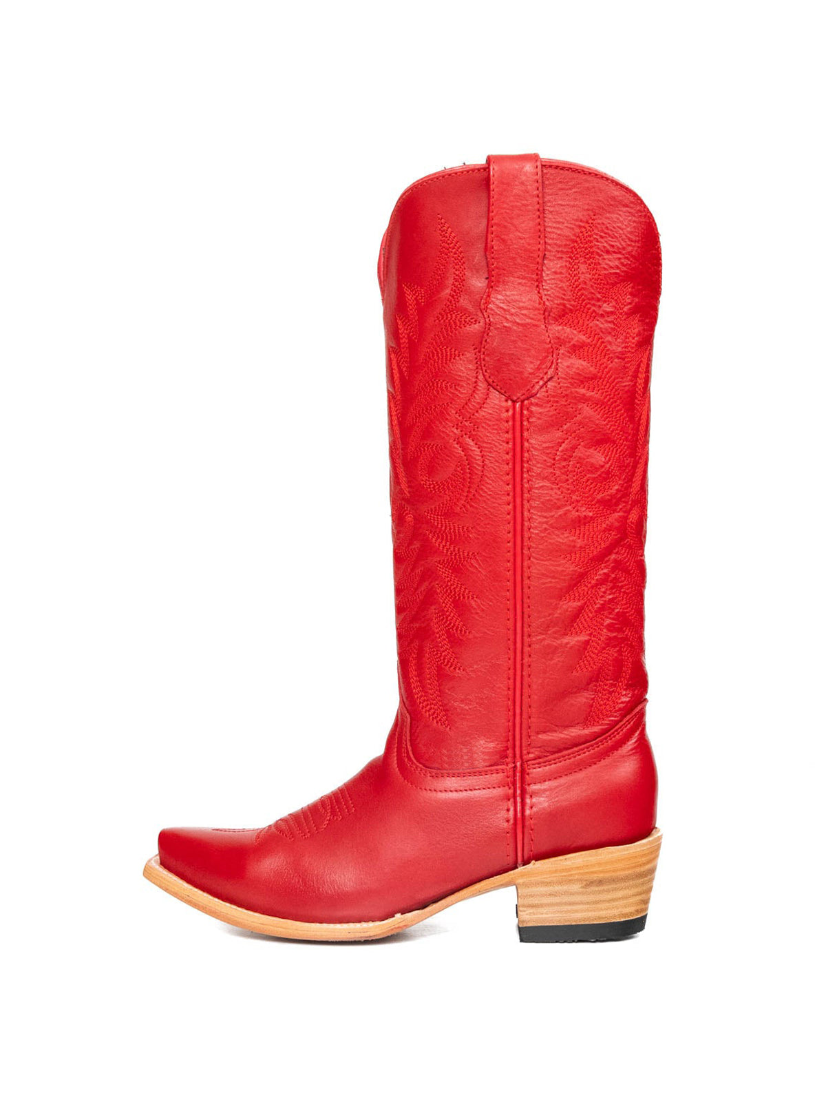 Red Vegan Leather Snip-Toe Embroidery Mid Calf Cowgirl Boots For Woman