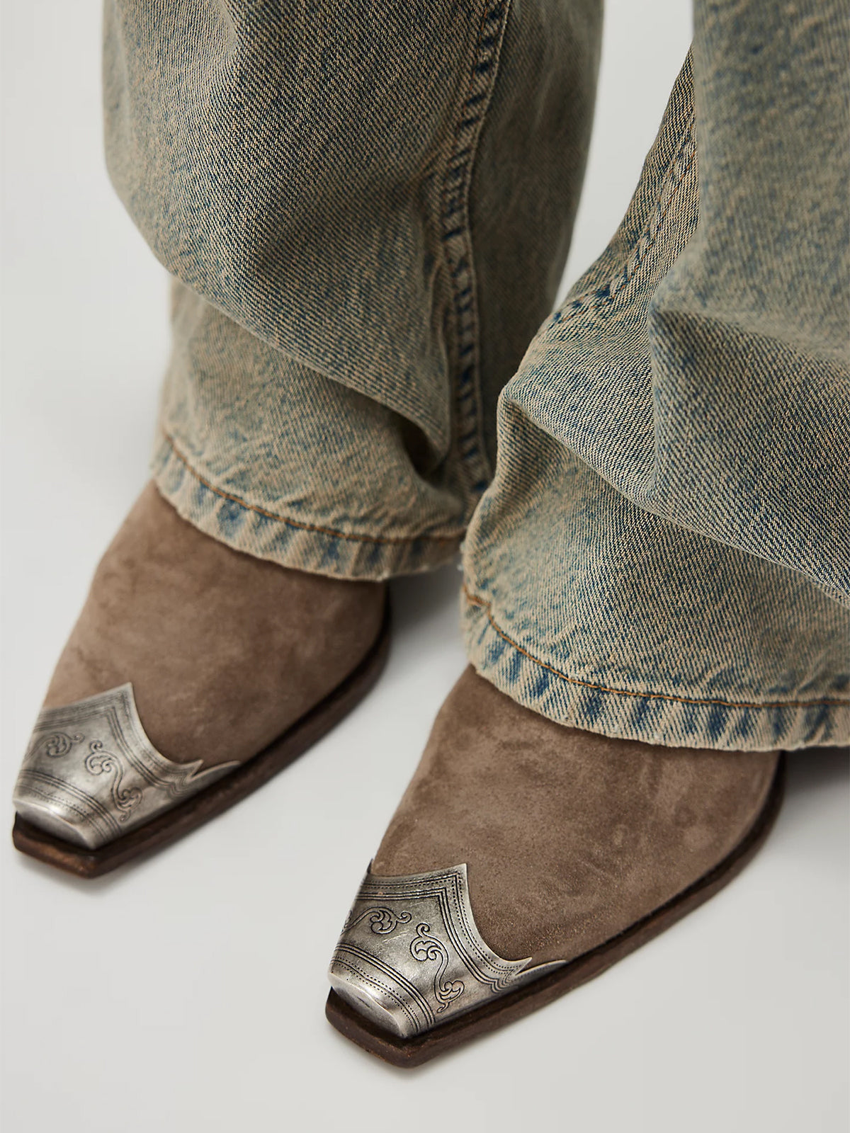 Metal Snip-Toe Full-Zip Classic Cowgirl Ankle Boots - Taupe Faux Suede