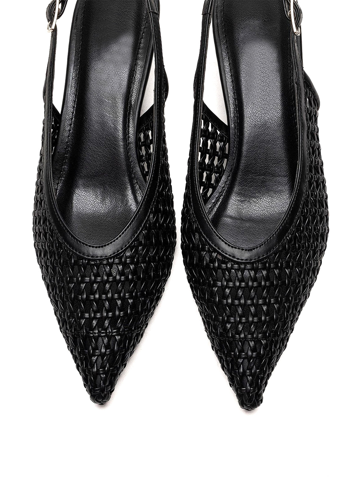 Black Woven Vegan Leather Pointed-Toe Classic Back Strap Pumps Kitten Heels