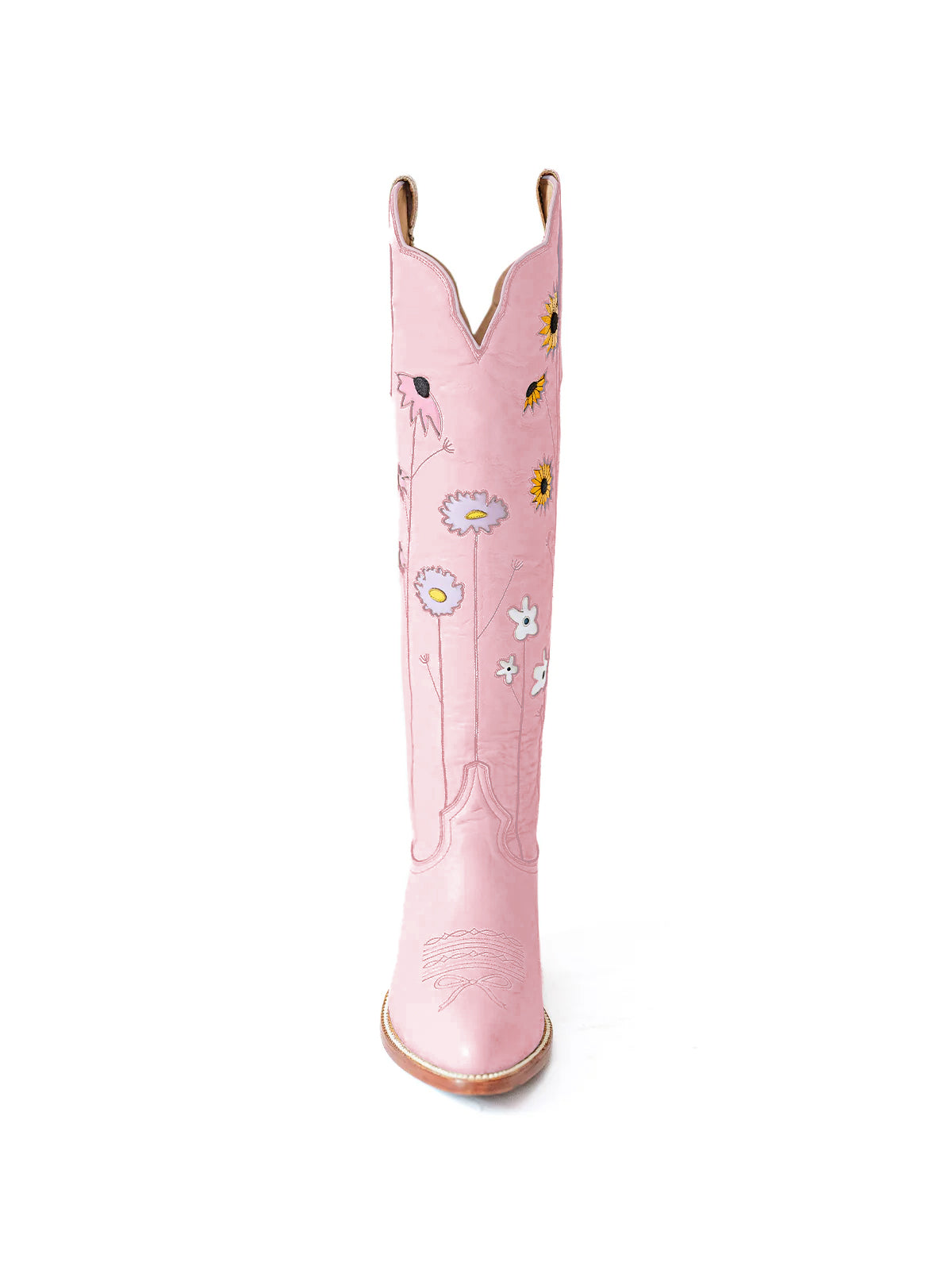 Blush Pink Almond-Toe Colorful Flowers Inlay Wide Calf Knee High Cowgirl Boots