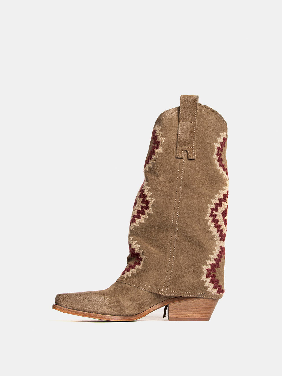 Side Fringe Snip-Toe Embroidery Fold-Over Mid Calf Cowgirl Boots - Tan Faux Suede