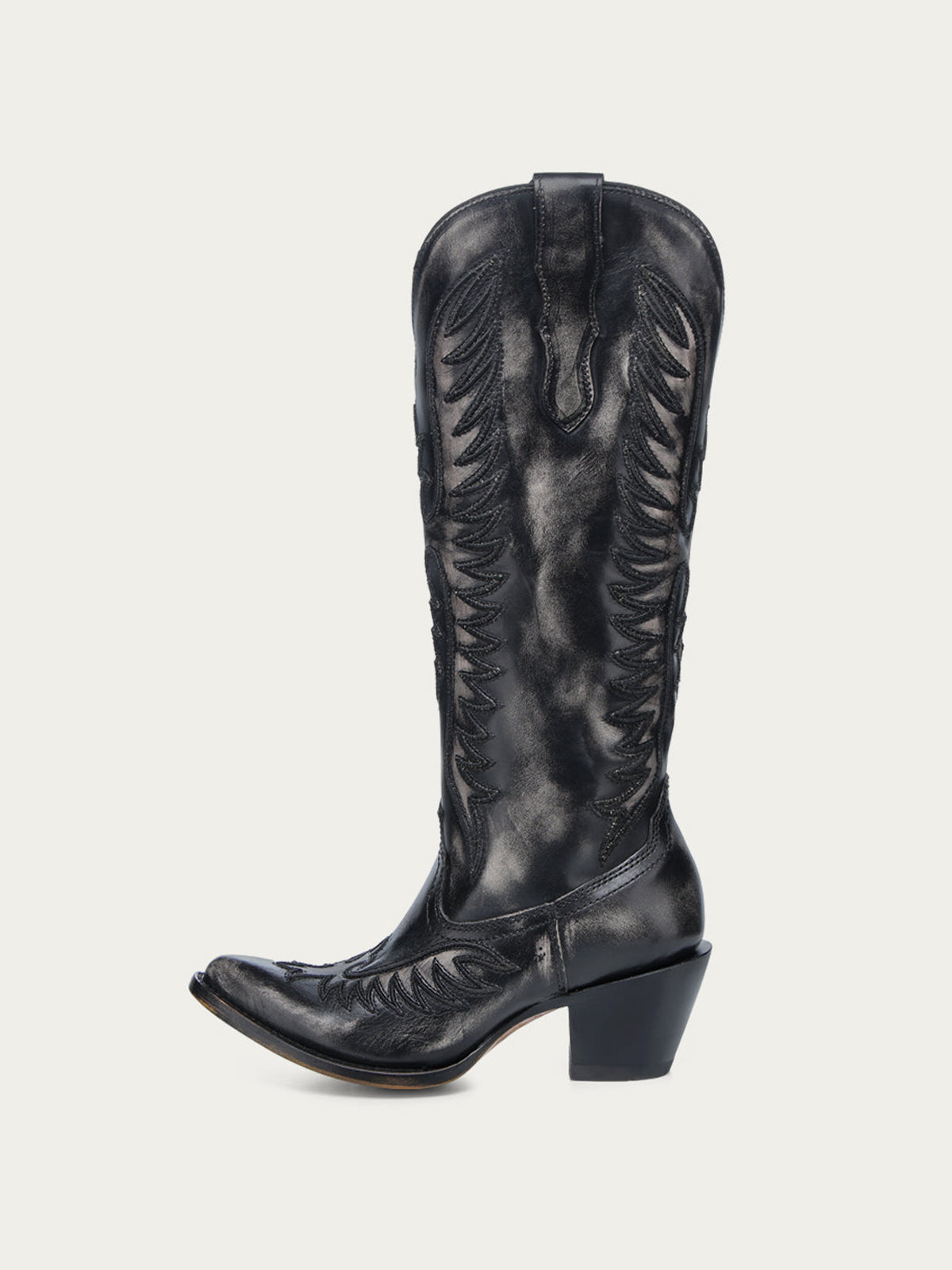 Vintage Black Almond-Toe Chic Embroidery Half-Zip Knee High Cowgirl Boots