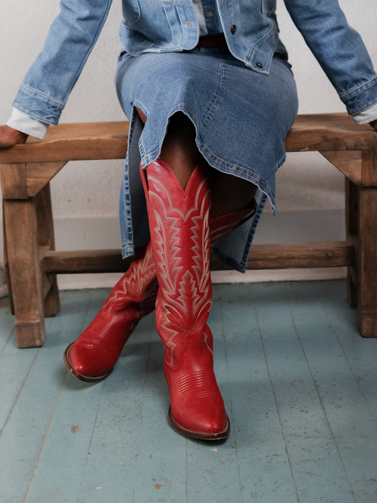Western Embroidery Almond-Toe Tall Knee High Cowgirl Boots - Crimson Red