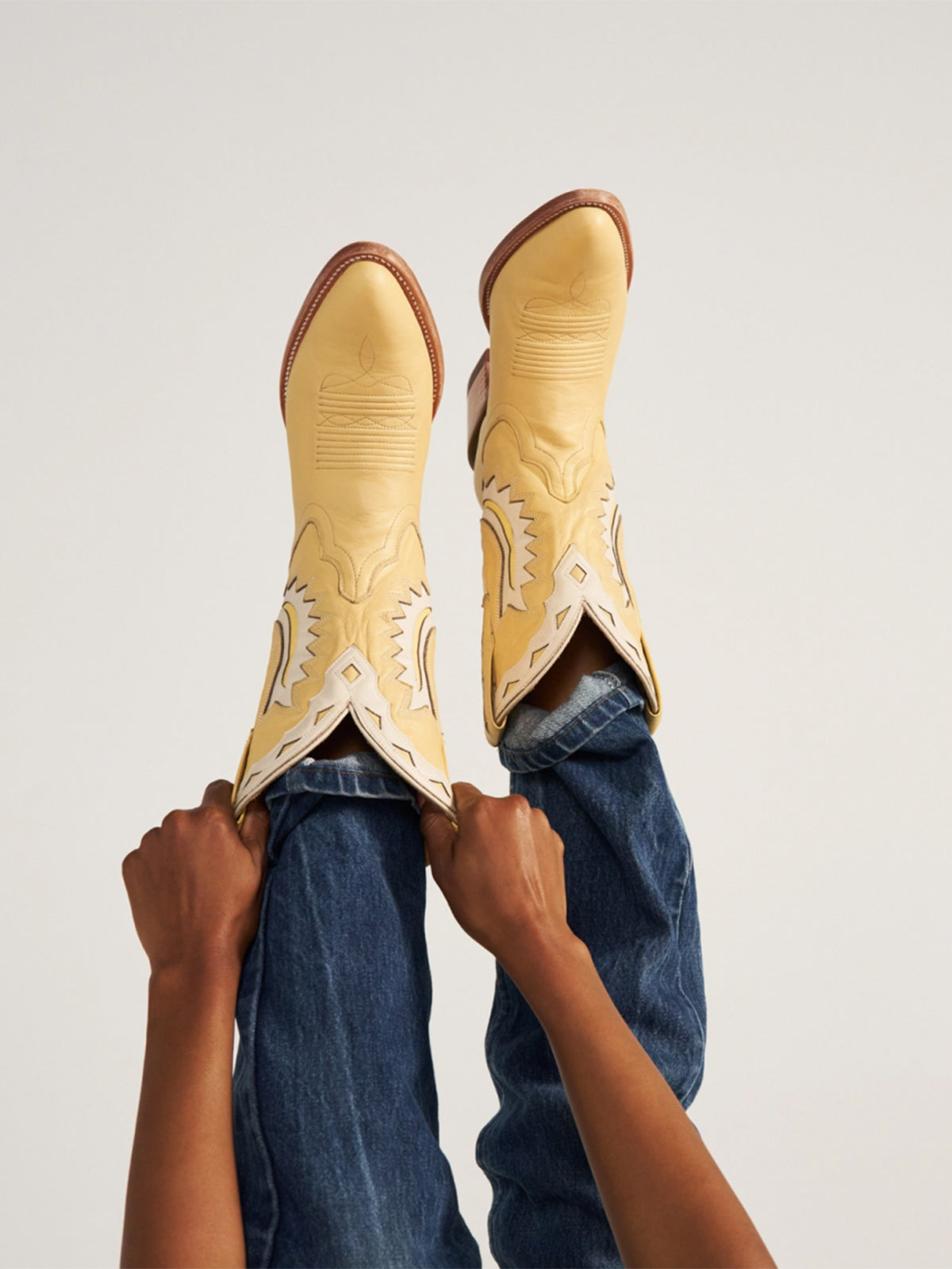 Pale Yellow Almond-Toe Horseshoe Inlay Cowgirl Ankle Boots