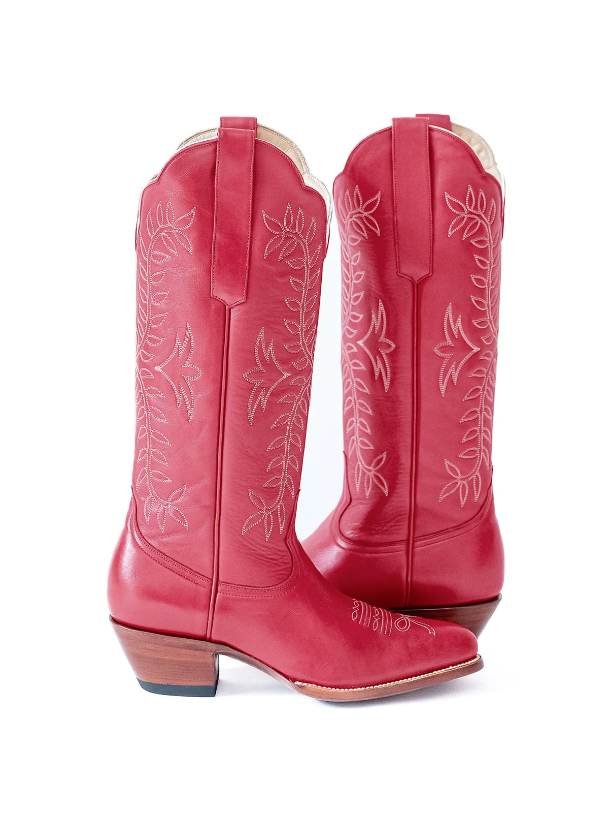Leaves Embroidery Almond-Toe Wide Knee High Cowgirl Boots - Watermelon Red
