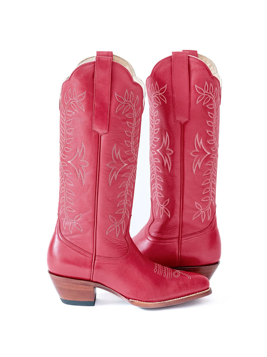 Leaves Embroidery Almond-Toe Wide Knee High Cowgirl Boots - Watermelon Red