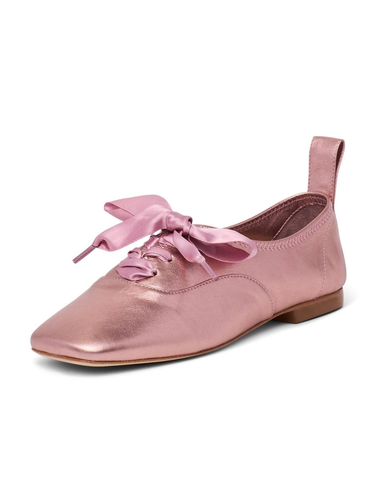 Metallic Pink Square-Toe Chic Lace-Up Slip-On Simple Flats