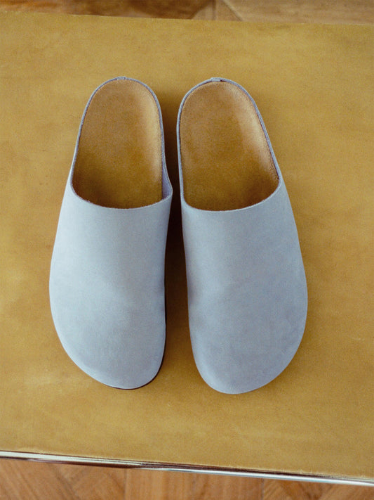 Gray Faux Suede Round-Toe Simple Slip-On Mules Flats