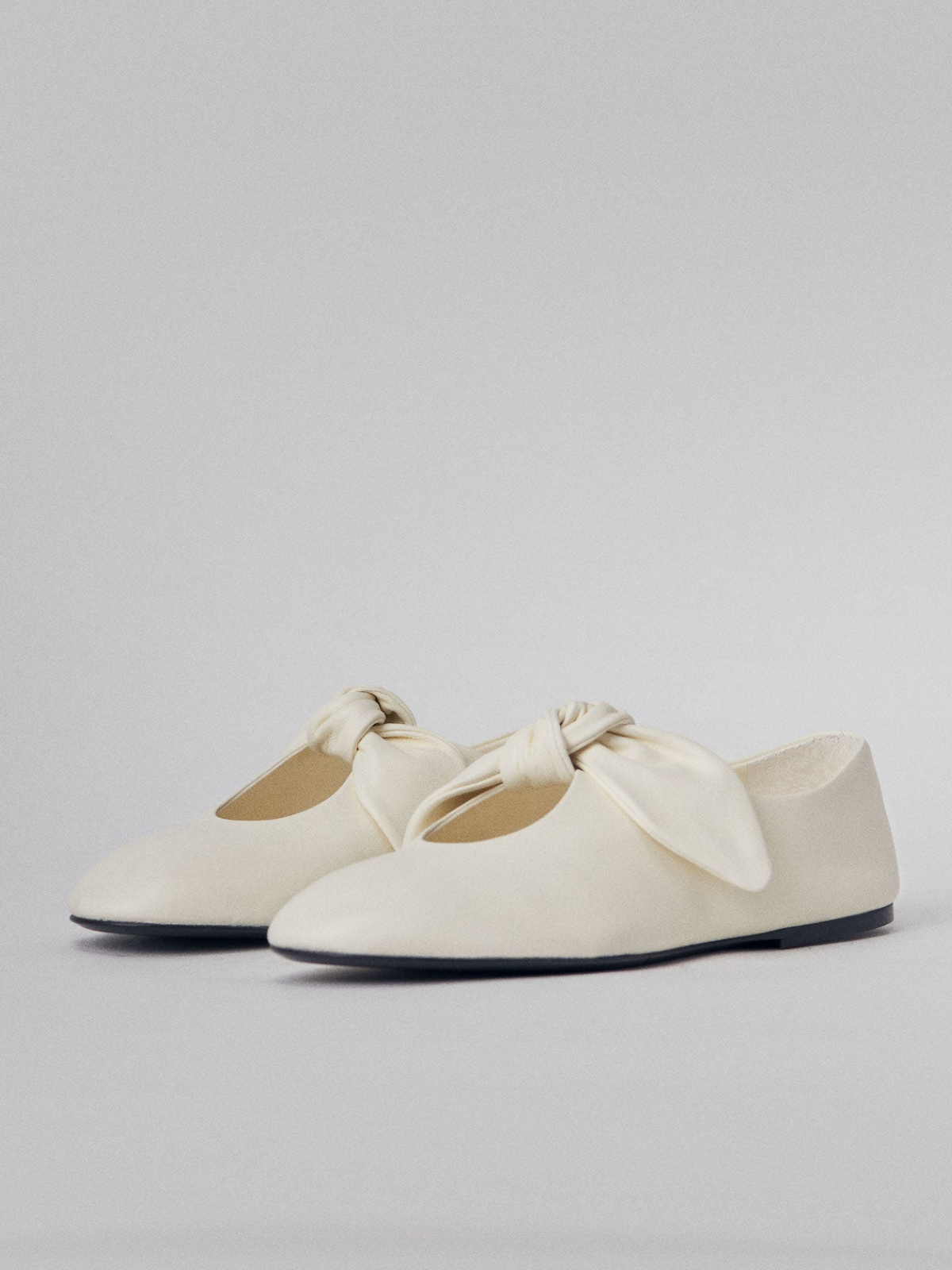 Cream Vegan Leather Round Toe Knot Bow Mary Jane Tied Flats