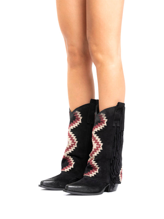 Side Fringe Snip-Toe Embroidery Fold-Over Mid Calf Cowgirl Boots - Black Faux Suede