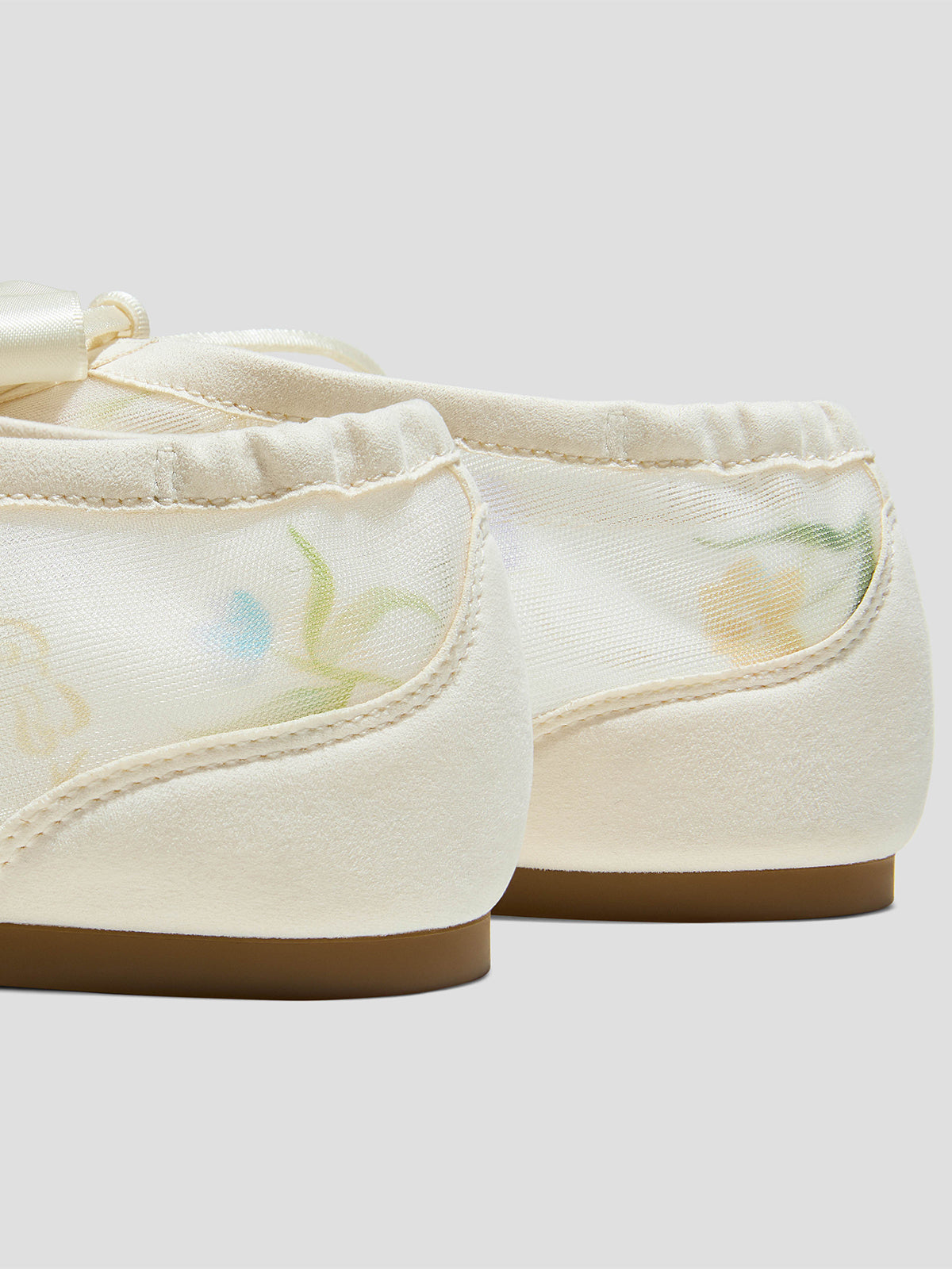 Cream Mesh And Faux Suede Square-Toe Floral Embroidery Lace-Up Flats