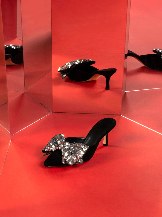 Black Faux Suede Pointed-Toe Big Front Bow With Sequins High Heels