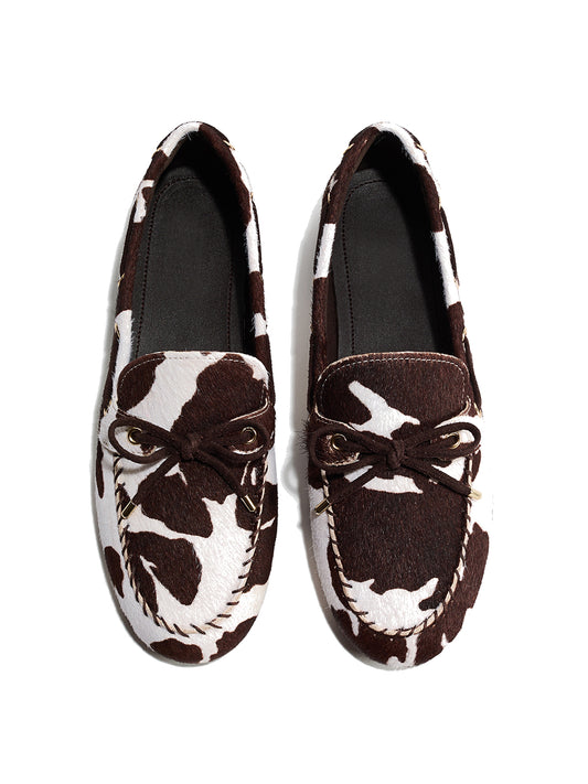 Cow Print Round-Toe Front Chic Bow Slip-On Flats