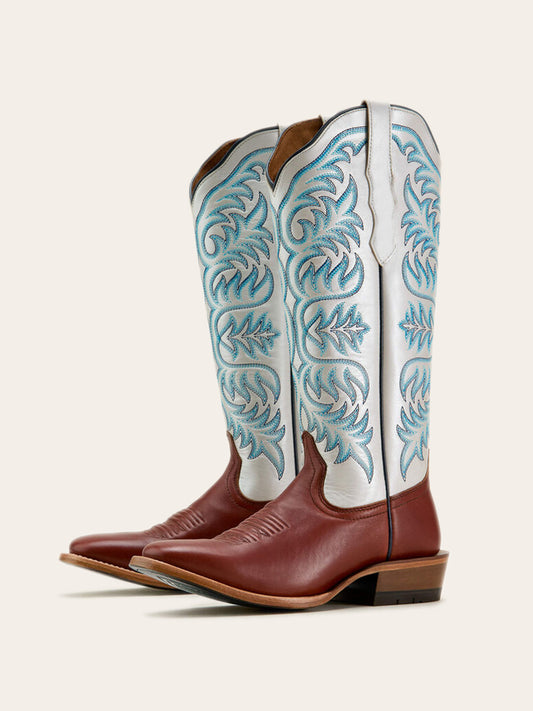 Contrast Cognac And Metallic Ivory Square-Toe Embroidery Wide Mid Calf Cowgirl Boots