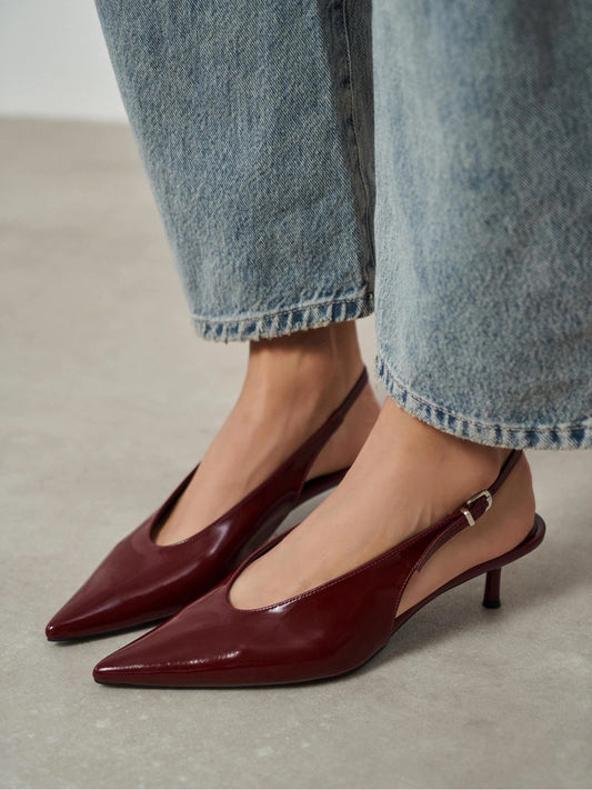 Patent Burgundy Pointed-Toe Slingback With Buckle Kitten Heels