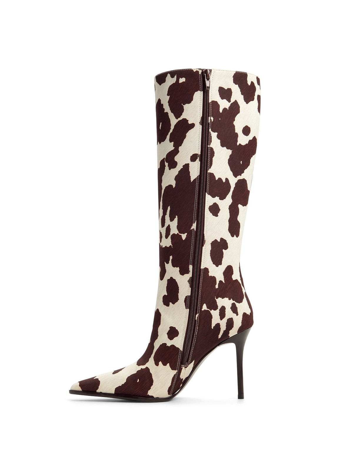 Cow Print Pointed-Toe Full-Zip Knee High Stiletto Boots