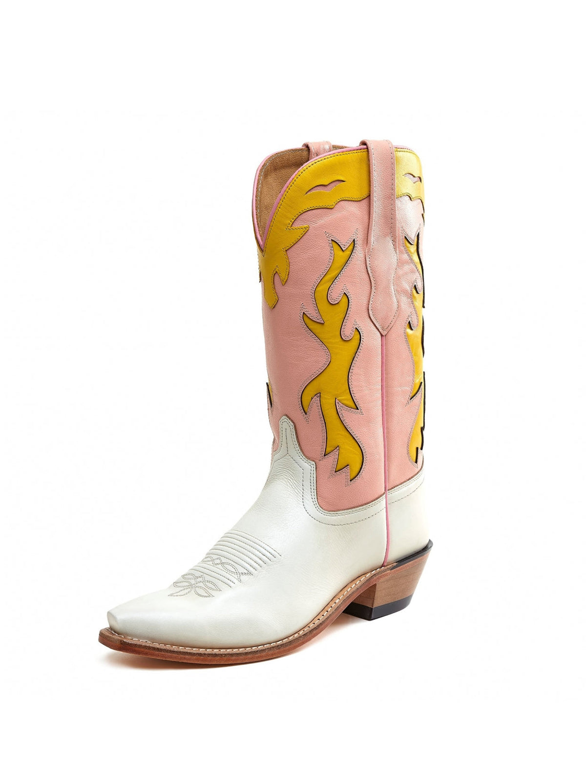 Pink And White Snip-Toe Flame Embroidery Mid Calf Cowgirl Boots