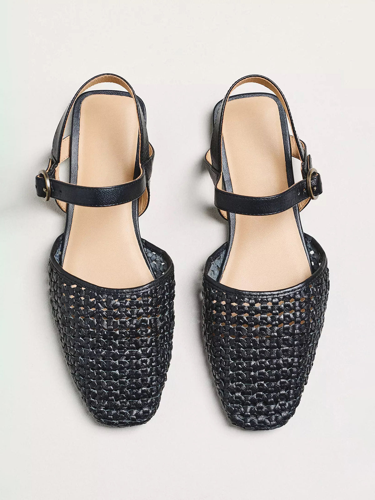 Black Vegan Leather Woven Square-Toe Ankle Strap Flats