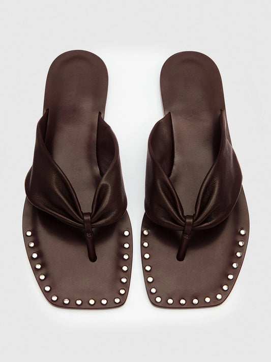 Coffee Square-Toe Front Studs Flip-Flops Simple Backless Flats