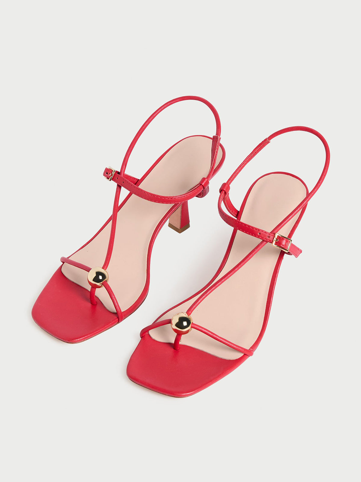 Red Square-Toe Buckle Strappy Kitten Heels With One Silver Ball